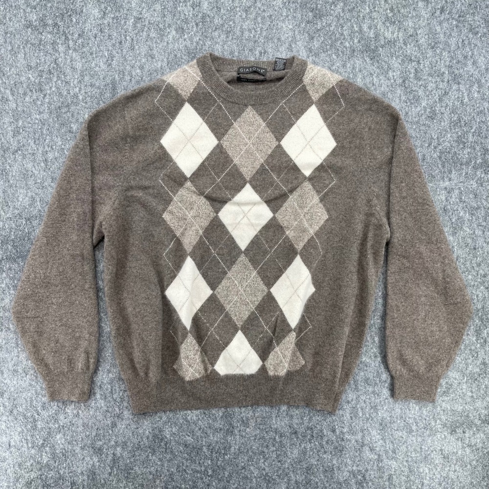 Giasone Sweater Mens XL Cashmere Argyle Crewneck Brown Classic Knit